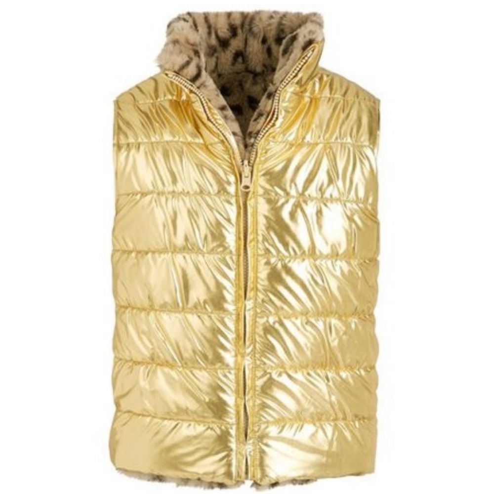 NWT Epic Threads Girls Reversible Metallic Gold & Faux Fur Animal Print Vest